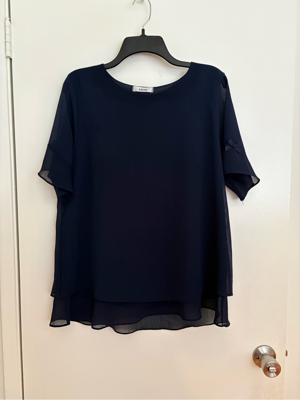 A&me Navy Short Sleeve Layered Blouse